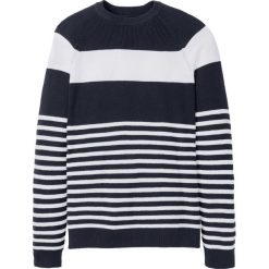 Sweter w paski bonprix ciemnoniebiesko-biały w paski. Niebieskie swetry męskie bonprix, m, bez wzorów, bez kołnierzyka. Za 37.99 zł.