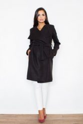 Czarny Elegancki Płaszcz Oversize Przewiązany Paskiem. Czarne płaszcze damskie Figl, l, bez wzorów, z materiału, eleganckie. Za 389.00 zł.