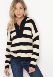 Czarno-Beżowy Golf w Paski Ozdobiony Suwakiem Zinorae. Czarne golfy damskie Born2be, uniwersalny, bez wzorów, z jeansu, bez ramiączek. Za 49.99 zł.