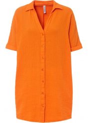 Długa bluzka muślinowa oversize z bawełny. Białe bluzki damskie bonprix, bez wzorów, z bawełny, bez kołnierzyka, bez ramiączek. Za 114.99 zł.