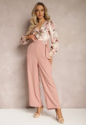 Różowy Kwiatowy Kombinezon z Kopertowym Dekoltem z Paskiem i Szerokimi Nogawkami Vinia. Czerwone kombinezony damskie Renee, l, bez wzorów, eleganckie, bez kołnierzyka, bez ramiączek. Za 139.99 zł.