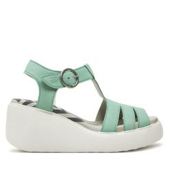 Sandały Fly London. Zielone sandały damskie Fly London, bez wzorów, bez obcasa, na koturnie. Za 649.99 zł.