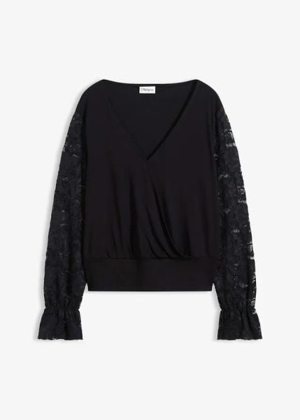 Bluzka z długim, koronkowym rękawem. Czarne bluzki damskie bonprix, bez wzorów, z koronki, eleganckie, bez kołnierzyka, bez ramiączek. Za 144.99 zł.