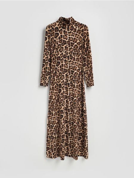 Sukienka maxi w panterkę - wielobarwny. Sukienki damskie Reserved, l, bez wzorów, z wiskozy, bez kołnierzyka, bez ramiączek, maxi, rozkloszowane. Za 179.99 zł.
