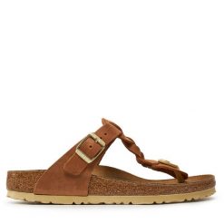 Japonki Birkenstock. Brązowe klapki damskie Birkenstock, bez wzorów, bez obcasa. Za 569.99 zł.