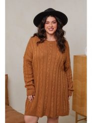 Curvy Lady Sukienka dzianinowa w kolorze jasnobrązowym rozmiar: 48/50. Brązowe sukienki damskie Curvy Lady, bez wzorów, z dzianiny, klasyczne, bez kołnierzyka, bez ramiączek, midi. Za 87.61 zł.