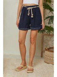 Lin Passion Lniane szorty w kolorze granatowym rozmiar: 40/42. Niebieskie szorty damskie Lin Passion, bez wzorów, ze lnu, klasyczne, z podwyższonym stanem. Za 113.99 zł.