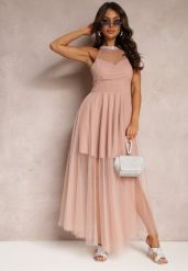 Różowa Maxi Sukienka o Rozkloszowanym Fasonie z Długim Tiulem i Ozdobnymi Cyrkoniami Amorah. Czerwone sukienki damskie Renee, na imprezę, bez wzorów, z tiulu, eleganckie, bez kołnierzyka, bez ramiączek, maxi, rozkloszowane. W wyprzedaży za 97.99 zł.