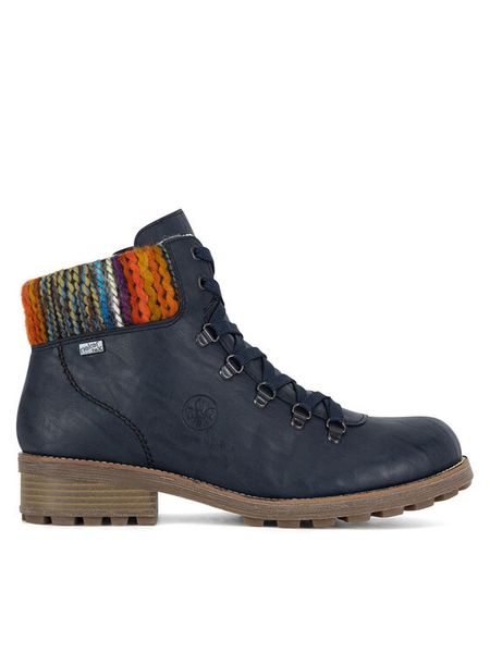 Rieker Trzewiki Z0445-14 Niebieski. Niebieskie botki damskie Rieker, z materiału, bez obcasa, na płaskiej podeszwie, bez zapięcia. Za 289.99 zł.