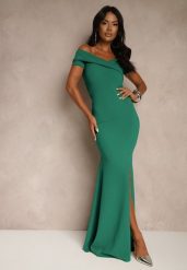 Zielona Sukienka Koktajlowa Typu Hiszpanka z Rozcięciem na Nogę Hallomea. Zielone sukienki damskie Renee, m, bez wzorów, eleganckie, bez kołnierzyka, bez ramiączek, maxi. Za 109.99 zł.