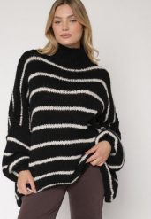 Czarny Golf Oversize w Paski z Domieszką Wełny i Wiskozy Nexeia. Czarne golfy damskie Born2be, bez wzorów, z jeansu, bez ramiączek. Za 159.99 zł.