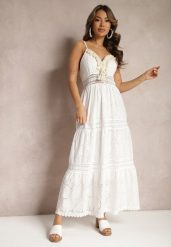 Biało-Beżowa Haftowana Sukienka Bawełniana w Stylu Boho Tirinassa. Białe sukienki damskie Renee, na imprezę, na lato, bez wzorów, z bawełny, boho, bez kołnierzyka, bez ramiączek, maxi. W wyprzedaży za 97.99 zł.