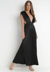 Czarna Sukienka Aedice. Czarne sukienki damskie Born2be, l, bez wzorów, eleganckie, bez kołnierzyka, bez ramiączek, maxi, rozkloszowane. Za 199.99 zł.