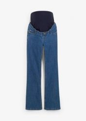 Dżinsy ciążowe z bawełną organiczną, lekko poszerzana nogawka. Niebieskie jeansy damskie bonprix, moda ciążowa. Za 179.99 zł.