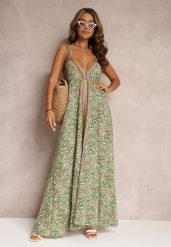 Jasnozielona Rozkloszowana Sukienka Maxi Wiązana na Szyi z Wiskozy z Printem Paisley Olympie. Zielone sukienki damskie Renee, na lato, m, bez wzorów, z wiskozy, boho, bez kołnierzyka, bez ramiączek, maxi, rozkloszowane. W wyprzedaży za 83.99 zł.