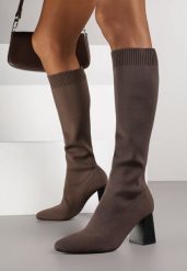 Brązowe Eleganckie Kozaki VICES na Słupku ze Skarpetkową Cholewką Mialles. Brązowe kozaki damskie Born2be, z jeansu, bez obcasa, na obcasie. Za 149.99 zł.