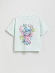 T-shirt Lilo i Stitch - jasnoturkusowy. Niebieskie koszulki dziewczęce Reserved, bez wzorów, z bawełny, bez ramiączek. W wyprzedaży za 35.99 zł.