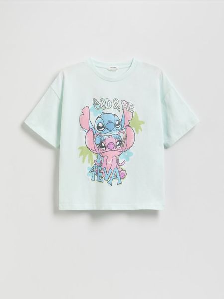 T-shirt Lilo i Stitch - jasnoturkusowy. Niebieskie koszulki dziewczęce Reserved, bez wzorów, z bawełny, bez ramiączek. W wyprzedaży za 35.99 zł.