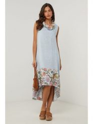 Le Monde du Lin Lniana sukienka w kolorze błękitnym rozmiar: 36/38. Niebieskie sukienki damskie Le Monde du Lin, bez wzorów, ze lnu, klasyczne, bez kołnierzyka, bez ramiączek, midi. Za 157.73 zł.