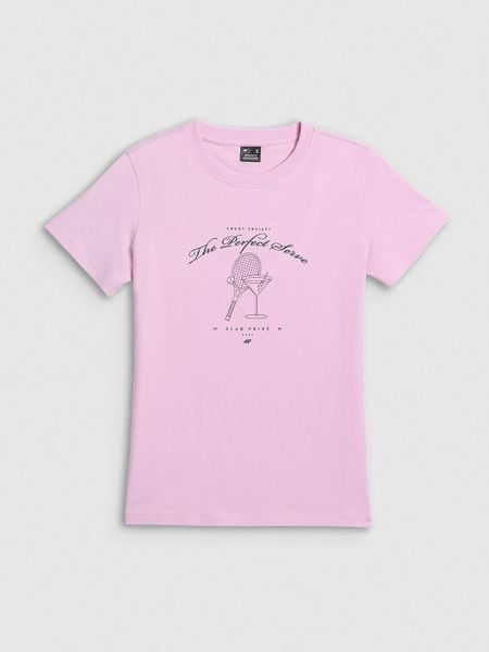 4F T-shirt regular z nadrukiem damski - różowy XXL. Czerwone t-shirty damskie 4f, xxl, bez wzorów, z bawełny, bez kołnierzyka. Za 59.99 zł.