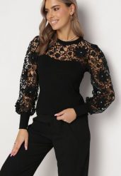 Czarna Bluzka z Długim Rękawem i Koronką Brinza. Czarne bluzki damskie Born2be, s, bez wzorów, z koronki, eleganckie, bez kołnierzyka, bez ramiączek. Za 139.99 zł.