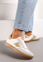Biało-Złote Sneakersy Tenisówki o Klasycznym Fasonie Do Kostki Satrama. Białe trampki i tenisówki damskie Born2be, bez wzorów, z jeansu. Za 79.99 zł.