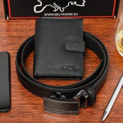 Zestaw męski skórzany portfel pasek duży Beltimore U88. Czarne paski męskie bez wzorów. Za 119.90 zł.