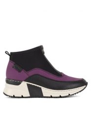 Rieker Botki N6352-30 Czarny. Czarne botki damskie Rieker, z materiału, bez obcasa, na koturnie, bez zapięcia. Za 329.99 zł.