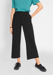 Spodnie culotte z szerokim, elastycznym paskiem. Czarne spodnie materiałowe damskie bonprix, bez wzorów. Za 129.99 zł.