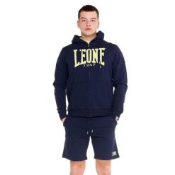 Bluza z bawełna z kaptur na siłownia na czas wolny. Niebieskie bluzy sportowe męskie LEONE 1947 APPAREL, bez wzorów, z bawełny, sportowe, bez kołnierzyka, bez ramiączek. W wyprzedaży za 124.24 zł.