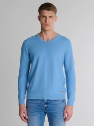 Sweter męski bawełniany klasyczny z dekoltem w serek niebieski Vasonitex 401. Niebieskie swetry męskie Big Star, l, z aplikacjami, z bawełny, bez kołnierzyka. W wyprzedaży za 139.99 zł.