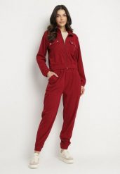 Bordowy Komplet Dresowy z Prążkowanego Materiału Bluza z Kołnierzykiem i Spodnie z Gumką w Pasie Kerulla. Czerwone bluzy bez kaptura damskie Born2be, m, z dresówki. Za 74.99 zł.