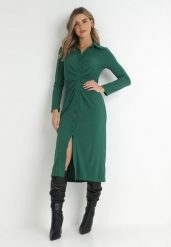 Ciemnozielona Sukienka Koszulowa z Marszczeniem Nure. Zielone sukienki damskie Born2be, s, bez wzorów, z tkaniny, eleganckie, bez kołnierzyka, bez ramiączek, midi, koszulowe. Za 39.99 zł.