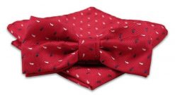 Krwista Czerwona Mucha Męska -ALTIES- z Taką Samą Poszetką, w Biało-Granatowe Łezki, Paisley. Czerwone krawaty i muchy męskie Alties, bez wzorów, eleganckie. Za 54.00 zł.