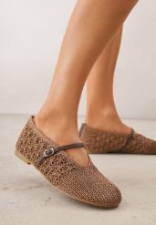 Brązowe Plecione Balerinki VICES z Paskiem z Klamerką i Wycięciem V Nemecea. Brązowe baleriny damskie Born2be, bez wzorów, z jeansu, bez obcasa. Za 109.99 zł.