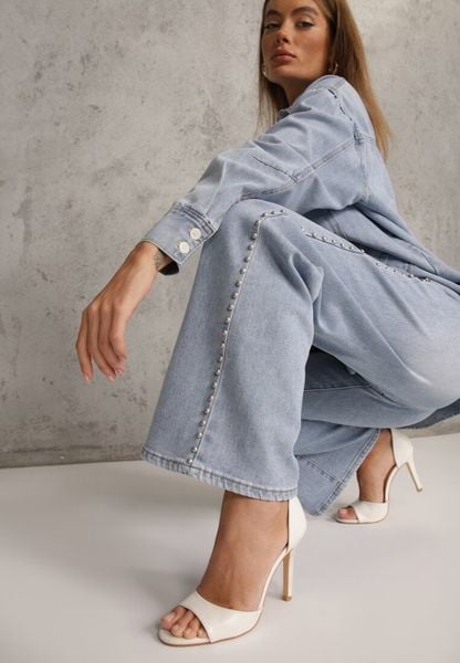 Niebieskie Szerokie Jeansy Ozdobione Nitami High Waist z Bawełną Typhele. Niebieskie jeansy damskie Renee, z podwyższonym stanem. Za 119.99 zł.