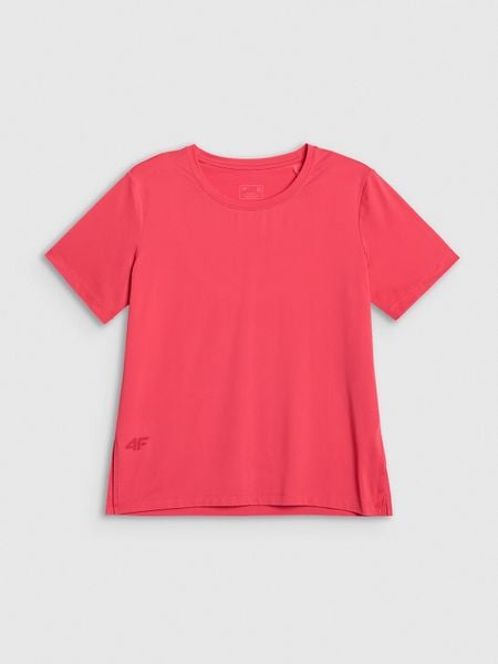4F Koszulka treningowa loose szybkoschnąca damska - koralowa S. Czerwone bluzki damskie 4f, s, bez wzorów, z materiału, bez kołnierzyka. Za 79.99 zł.
