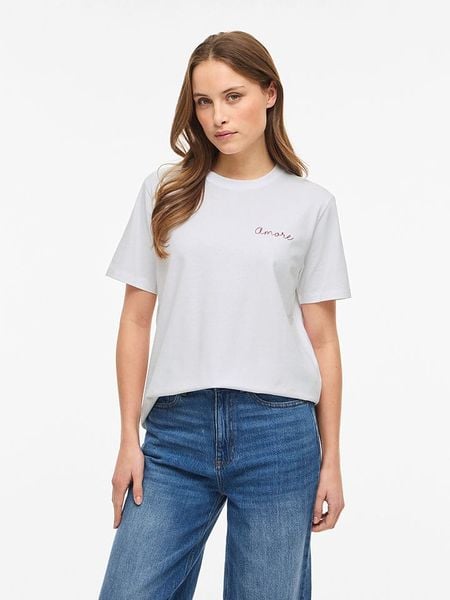 Vila Koszulka "Vinora" w kolorze białym rozmiar: XS. Białe bluzki damskie Vila, xs, bez wzorów, z bawełny, bez kołnierzyka, bez ramiączek. Za 43.57 zł.