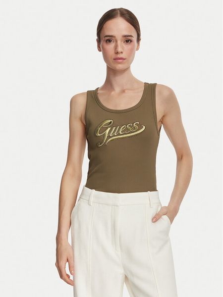 Guess Top W6YP30 K4380 Khaki Slim Fit. Brązowe topy damskie Guess, xs, z aplikacjami, z syntetyku, bez kołnierzyka. Za 194.99 zł.