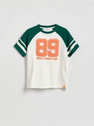 Bawełniany t-shirt z nadrukiem - wielobarwny. Koszulki dziewczęce Reserved, bez wzorów, z bawełny, bez ramiączek. Za 35.99 zł.