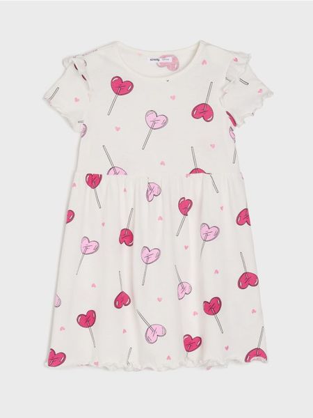 Sukienka z marszczeniami i ozdobnymi falbanami w lizaki - kremowy. Białe sukienki dziewczęce Sinsay, bez wzorów, bez ramiączek. Za 12.99 zł.