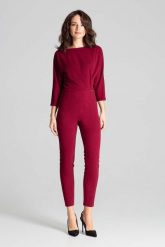 Bordowy Elegancki Kombinezon z Ozdobnymi Zakładkami. Czerwone kombinezony damskie Katrus, l, bez wzorów, z elastanu, eleganckie, bez kołnierzyka, bez ramiączek. Za 279.00 zł.