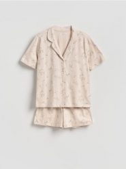 Dwuczęściowa piżama z bawełny - beżowy. Brązowe piżamy damskie Reserved, l, bez wzorów, z bawełny, bez ramiączek. Za 69.99 zł.