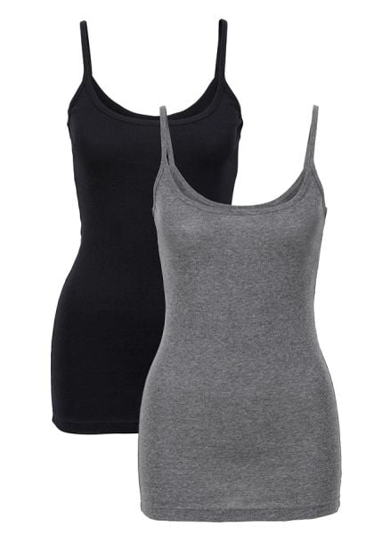 Top na wąskich ramiączkach z prążkowanej dzianiny (2 szt.). Czarne topy damskie bonprix, bez wzorów, z dzianiny, bez kołnierzyka. Za 39.99 zł.