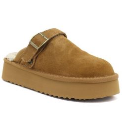 Skórzane klapki damskie ocieplane na platformie camel Big Star UU274696. Brązowe klapki damskie Big Star, bez wzorów, ze skóry, bez obcasa, na platformie. Za 189.99 zł.