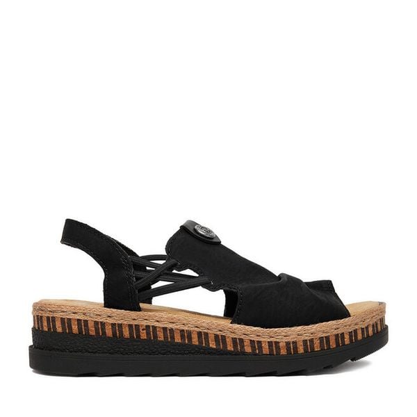 Sandały Rieker. Czarne sandały damskie Rieker, bez wzorów, bez obcasa, na koturnie. Za 319.99 zł.