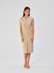 Stylove Sukienka w kolorze beżowym rozmiar: XL. Brązowe sukienki damskie Stylove, xl, bez wzorów, bez kołnierzyka, bez ramiączek, midi. Za 159.99 zł.