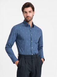 Klasyczna męska bawełniana koszula SLIM FIT w palmy - ciemnoniebieska V5. Niebieskie koszule męskie Ombre Clothing, m, bez wzorów, z bawełny, bez kołnierzyka, bez ramiączek. W wyprzedaży za 69.99 zł.
