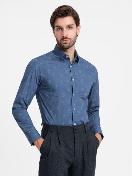 Klasyczna męska bawełniana koszula SLIM FIT w palmy - ciemnoniebieska V5. Niebieskie koszule męskie Ombre Clothing, m, bez wzorów, z bawełny, bez kołnierzyka, bez ramiączek. W wyprzedaży za 69.99 zł.
