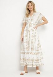 Biała Bawełniana Sukienka w Boho Print Rozkloszowana z Metalicznymi Haftami i Frędzlami Divilea. Białe sukienki damskie Born2be, na co dzień, l, bez wzorów, z bawełny, boho, bez kołnierzyka, bez ramiączek, maxi, rozkloszowane. W wyprzedaży za 183.99 zł.